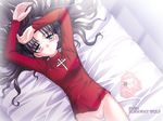  arms_up bed black_hair blue_eyes blush bottomless cum fate/stay_night fate_(series) from_above hair_spread_out hand_on_forehead long_hair lying nakajima_akihiko no_panties on_back on_bed panties panties_removed parted_lips solo sweat toosaka_rin uncensored underwear 
