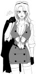  1girl buttons coat commentary_request dress earrings genderswap genderswap_(mtf) gloves goggles goggles_on_head grey_background highres holding holding_clothes holding_coat jewelry long_hair looking_to_the_side monochrome nakumonaga_uma necklace one_piece sabo_(one_piece) scar scar_on_face shirt signature simple_background solo thighhighs twitter_username 