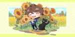  1boy ahoge argyle argyle_background artist_name black_cat black_pants blue_jacket blue_sleeves blush_stickers border brown_hair cat checkered_clothes checkered_jacket chibi commission day english_text farm field flower flower_field full_body grass green_background green_border holding holding_flower jacket jewelry kanlamari letterboxed long_sleeves looking_at_viewer male_focus necklace one_eye_closed open_mouth original outdoors outline outside_border pants partially_unzipped shirt short_hair smile solo sunflower sunflower_field teeth tree upper_teeth_only watermark white_outline white_shirt yellow_eyes yellow_flower 