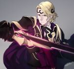  1boy aristocratic_clothes armor black_armor blonde_hair cape circlet closed_mouth fire_emblem fire_emblem_fates highres holding holding_sword holding_weapon looking_to_the_side male_focus red_eyes siegfried_(sword) sword ultrablueanya weapon xander_(fire_emblem) 