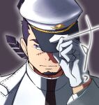  1boy black_hair facial_hair goatee hat holding holding_clothes holding_hat kepi male_focus mature_male military_hat military_uniform portrait purple_eyes ragi_san_(ononokomachiimo) scar scar_on_face scar_on_nose short_hair sideways_glance solo stitches tokyo_afterschool_summoners translation_request uniform yoritomo_(housamo) 