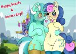 &lt;3 anthro anykoe blurred_background bonbon_(mlp) castle clothing duo embrace female female/female feral floating_heart footwear friends friendship_is_magic genitals hasbro hearts_and_hooves_day hug looking_each_other lyra_heartstrings_(mlp) my_little_pony ponyville pussy socks text tongue tongue_out watermark