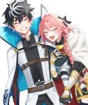  2boys astolfo_(fate) belt black_bow black_gloves black_hair black_thighhighs blue_eyes blush bow braid brown_belt cape charlemagne_(fate) closed_eyes closed_mouth fang fate/extella fate/extella_link fate/extra fate_(series) fur-trimmed_cape fur_trim garter_straps gauntlets gloves grin hair_between_eyes hair_bow hair_intakes highres holding_another&#039;s_arm holding_hands light_blush long_hair looking_at_another male_focus multicolored_hair multiple_boys open_mouth otoko_no_ko pink_hair purple_eyes short_hair simple_background single_braid skin_fang smile streaked_hair striped_sleeves thighhighs two-sided_cape two-sided_fabric user_stsj7287 white_background white_cape white_fur white_hair 