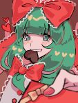  1girl biting blunt_bangs bow box chocolate frilled_bow frills front_ponytail green_eyes green_hair heart heart-shaped_box highres holding holding_box kagiyama_hina looking_at_viewer otukimi_0123 red_nails smile solo teeth touhou valentine 