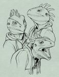 anthro bust_portrait clothed clothing glistening glistening_eyes hi_res jacket khyaber male monochrome mouth_closed narrowed_eyes open_mouth portrait scalie simple_background sketch_page solo teeth tongue topwear