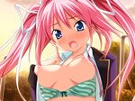  blush bra breasts exhibitionism game_cg kodama_izayoi koku lingerie long_hair medium_breasts nipples outdoors pink_hair puffy_nipples ribbon solo stellula_eques striped twintails underwear 