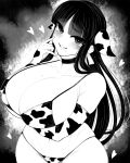  1girl animal_ears animal_print arm_under_breasts bikini blush breasts cow_ears cow_girl cow_print cow_print_bikini elbow_gloves gloves greyscale haseru_(ginku_mh) heart huge_breasts long_hair looking_at_viewer monochrome navel open_mouth original print_bikini solo swimsuit 