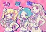  3girls ;d aiguillette arm_up blonde_hair blue_hair blunt_bangs blush braid closed_mouth cowboy_shot cropped_jacket drop_shadow earrings epaulettes fang finger_counting gradient_hair green_eyes green_hair grey_hair hand_on_own_hip hand_up highres idol_clothes idol_time_pripara index_finger_raised jacket jewelry koda_michiru kokichi_yoko long_hair long_sleeves looking_at_viewer miichiru_(pripara) multicolored_hair multiple_girls nijiiro_nino one_eye_closed open_mouth pink_background pleated_skirt pretty_series pripara purple_eyes red_eyes salute short_hair skirt smile speech_bubble standing twin_braids two-finger_salute very_long_hair w w_over_mouth wavy_hair white_jacket white_skirt yumekawa_yui 