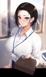  1girl black_hair blush box box_of_chocolates breasts closed_mouth collared_shirt commentary_request gift giving highres holding holding_gift id_card indoors infinote lanyard large_breasts long_sleeves looking_at_viewer original shirt short_hair smile solo watermark white_shirt yashiki_yuuko yellow_eyes 