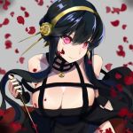  1girl bare_shoulders black_dress black_hair blaze_(blazeillust) blood blood_on_face breasts cleavage closed_mouth dress earrings flower frown hair_bun hairband head_tilt holding holding_weapon jewelry large_breasts looking_at_viewer petals red_eyes red_flower red_rose rose rose_petals short_hair_with_long_locks sidelocks solo spy_x_family weapon yellow_hairband yor_briar 