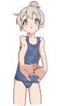  1girl alternate_hairstyle blue_one-piece_swimsuit blush bright_pupils brown_eyes cracking_knuckles cropped_legs flat_chest grey_hair grey_pupils hair_bun highres looking_at_viewer multicolored_hair one-piece_swimsuit onii-chan_wa_oshimai! oyama_mahiro parted_lips simple_background sishamodesu solo streaked_hair swimsuit tareme white_background 