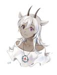 1other :3 absurdres androgynous animal_ears brown_eyes dark_skin goat_ears goat_horns heterochromia highres horns jewelry looking_at_viewer lumeru_33 necklace original purple_eyes shirt simple_background solo white_background white_shirt 