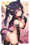  1girl absurdres animal_ears ass bikini black_gloves black_hair black_thighhighs blush border breasts cat_ears cat_girl cat_tail collar commentary_request elbow_gloves from_behind gloves grin hair_between_eyes highres kazuneko_(wktk1024) large_breasts long_hair looking_at_viewer micro_bikini multicolored_hair original purple_eyes red_bikini red_collar red_hair smile solo streaked_hair swimsuit tail thighhighs white_border 