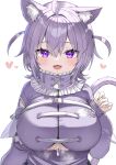  after_paizuri ahoge animal_ears breasts cat_ears cat_girl cat_tail cum cum_on_body cum_on_breasts fang heart highres hololive jacket long_hair nekomata_okayu nekomata_okayu_(7th_costume) open_mouth purple_eyes purple_hair short_twintails simple_background skin_fang smile tail takimoto_yukari twintails upper_body virtual_youtuber white_background zipper_pull_tab 
