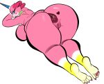 &lt;3 2021 absurd_res anthro anus big_butt bodily_fluids breasts butt clothing domestic_cat felid feline felis female fur genitals hi_res horn isolatedartest legwear looking_at_viewer looking_back lying mammal narrowed_eyes on_front pink_body pink_fur pussy simple_background slightly_chubby solo tattoo the_lego_movie thick_thighs thigh_highs unikitty unikitty! white_background