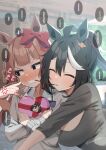  2girls animal_ears black_hair blush bow breasts clenched_teeth commentary_request food hair_between_eyes hairband highres horse_ears horse_girl kitasan_black_(umamusume) large_breasts multicolored_hair multiple_girls open_mouth pocky pocky_kiss red_bow red_hairband sasanon_(sasapoliton) streaked_hair sweep_tosho_(umamusume) teeth twitter_username umamusume valentine white_hair yuri 