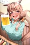  1girl alcohol animal_ears beer beer_mug blush breasts brown_hair commentary_request cup drunk ear_ornament food grey_pants hair_ornament hairclip highres holding holding_skewer horse_ears horse_girl horse_tail indoors jewelry large_breasts light_hello_(umamusume) long_sleeves medium_hair motsushi mug necklace open_mouth pants purple_eyes ribbon_hair signature skewer smile solo tail textless_version umamusume v-shaped_eyebrows 