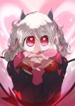  1girl absurdres black_horns demon demon_girl demon_horns demon_tail heart heart-shaped_pupils helltaker highres holding holding_heart horns looking_up modeus_(helltaker) red_eyes s4_(user_ggme4322) symbol-shaped_pupils tail white_hair 