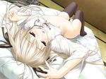  after_sex afterglow black_eyes blush bottomless bra bra_lift duplicate dutch_angle flat_chest futon game_cg happy hashimoto_takashi kasugano_sora lingerie long_hair long_legs lying nipples open_mouth panties panties_around_one_leg ribbon solo thighhighs thighs underwear white_hair yosuga_no_sora 