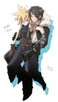  0087_ni 2boys armor asymmetrical_armor bandaged_arm bandages belt black_gloves black_jacket black_pants blonde_hair blue_eyes blue_pants blush brown_gloves brown_hair character_name cloud_strife commentary_request couple dated drop_shadow earrings fang final_fantasy final_fantasy_vii final_fantasy_viii full_body fur-trimmed_jacket fur_trim gloves hand_on_another&#039;s_arm heart highres hoop_earrings hug hug_from_behind jacket jewelry leather_belt long_sleeves looking_back male_focus multiple_belts multiple_boys necklace open_clothes open_jacket pants pauldrons puffy_pants scar scar_on_face scar_on_forehead shirt short_hair shoulder_armor single_pauldron skin_fang sleeveless sleeveless_turtleneck spiked_hair spoken_heart squall_leonhart studded_belt suspenders sweatdrop turtleneck white_background white_shirt yaoi 