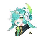  1boy :3 animal_ears blue_eyes blue_hair blue_tongue colored_tongue cow_ears cow_horns highres horizontal_pupils horns looking_at_viewer lumeru_33 male_focus multicolored_eyes original portrait ringed_eyes simple_background smile solo white_background 