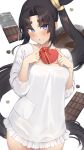  apron black_hair blue_eyes blush bow breasts candy chocolate chocolate_bar cleavage collarbone cowboy_shot fate/grand_order fate_(series) food hair_bun head_tilt heart heart-shaped_chocolate highres long_hair medium_breasts pinta_(ayashii_bochi) revision side_ponytail single_side_bun solo ushiwakamaru_(fate) very_long_hair white_background 