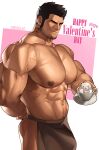  1boy abs absurdres apron artist_name bara black_hair brown_apron closed_mouth cup facial_hair happy_valentine highres holding holding_cup holding_plate large_pectorals looking_at_viewer lucas_lee male_focus muscular muscular_male naked_apron navel neck_tattoo nipples number_tattoo one_eye_closed pectorals plate ruisselait scott_pilgrim_(series) scott_pilgrim_takes_off short_hair smile solo tattoo waist_apron 