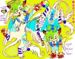 ambiguous_gender angel blue_body blue_fur bright_colors canid canine canis colorful felid feral fur green_hair hair hi_res hybrid mammal model_sheet pantherine smile solo sparklecat tan_body tan_fur tiger wolf xxwolfephantaseaxx