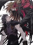  2boys armor belt black_feathers black_gloves black_hair black_pants black_wings blue_shirt brown_hair chest_strap dirge_of_cerberus_final_fantasy_vii falling_feathers feathered_wings feathers feet_out_of_frame final_fantasy final_fantasy_vii genesis_rhapsodos gloves hair_between_eyes hair_slicked_back highres jacket long_hair long_sleeves looking_at_another male_focus medium_hair multiple_belts multiple_boys pants parted_lips red_gloves red_jacket roku_(gansuns) shirt shoulder_armor single_wing sleeveless sleeveless_turtleneck suspenders turtleneck twitter_username upper_body white_background wings zack_fair 