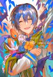  1boy anniversary arm_up blue_flower blue_hair blue_scarf bouquet closed_eyes english_text flower happy highres holding holding_bouquet holding_flower jacket kaito_(vocaloid) leaf light_blush male_focus nidu_(2du_du) open_mouth orange_flower purple_flower scarf short_hair smile teeth upper_teeth_only vocaloid waving_arm white_flower 