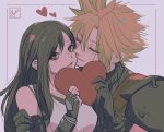  1boy 1girl armor bare_shoulders black_gloves black_hair blonde_hair bracelet breasts closed_eyes cloud_strife collarbone commentary couple earrings elbow_gloves english_commentary final_fantasy final_fantasy_vii final_fantasy_vii_rebirth final_fantasy_vii_remake fingerless_gloves gloves heart holding holding_heart jewelry kiss kissing_cheek light_blush long_hair looking_at_viewer medium_breasts miyukiko parted_lips red_eyes short_hair shoulder_armor signature single_sidelock sleeveless sleeveless_turtleneck spiked_hair stud_earrings suspenders sweater swept_bangs tank_top tifa_lockhart turtleneck turtleneck_sweater upper_body valentine white_tank_top 