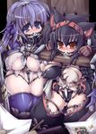  animal_ears armor asuru_(armor) ball_gag bangs bdsm belt black_hair black_legwear blue_eyes blue_hair blue_legwear blush bondage bound bow breasts bursting_breasts cameltoe cat_ears cleavage collar covered_nipples crotch_rope curvy ear_tag earrings fishnets frills gag gagged gloves groin hair_bow hairband hoop_earrings jewelry large_breasts long_hair looking_at_viewer midriff monster_hunter monster_hunter_frontier multiple_girls nargacuga_(armor) no_bra open_clothes open_shirt orange_eyes panties pillory plump print_panties puffy_nipples pussy_juice rakuma_kanori rope saliva sash shibari shirt sideboob skin_tight strap sweat tag tears thick_thighs thighhighs thighs underwear zettai_ryouiki 