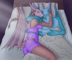 absurd_res anthro bed bedding blanket breasts cuddling dragon dragon171 duo duvet female furniture hi_res horn lying lying_on_bed male male/female on_bed pillow sleeping tail wings