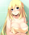  arm_under_breasts blonde_hair blue_eyes blush breasts choujigen_game_neptune commentary doria_(p_f_dolia) large_breasts long_hair naked_towel neptune_(series) shower_(place) surprised towel vert_(neptunia) 