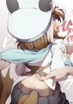  1girl absurdres belt blue_eyes brown_hair butt_crack cheval_grand_(umamusume) commentary_request from_behind hat hibiki_(zerocodo) highres molestation open_mouth poking pov pov_hands sexual_harassment shorts simple_background solo_focus surprised sweat umamusume white_background 