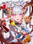  1girl apron aqua_hair blush braid braided_bun breasts cake candy chocolate choker curled_horns double_bun dress fate/grand_order fate_(series) food hair_bun heart heart-shaped_chocolate highres horns huo_ting jewelry larva_tiamat_(fate) larva_tiamat_(first_ascension)_(fate) long_hair long_horns long_sleeves looking_at_viewer maid_headdress open_mouth pastry pendant pink_eyes pointy_ears ribbed_dress small_breasts smile solo spatula symbol-shaped_pupils tiamat_(fate) white_apron white_dress 