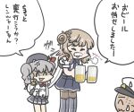  1boy 2girls admiral_(kancolle) alcohol anger_vein beer beer_mug beret blonde_hair blue_skirt closed_eyes commentary_request cup ferret-san foam_mustache grey_hair grey_skirt hat height_difference jacket kantai_collection kashima_(kancolle) military_uniform mug multiple_girls pleated_skirt puff_of_air ranger_(kancolle) simple_background skirt thighhighs translation_request twintails uniform white_background white_jacket 