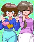  2girls aqua_pants arm_behind_back artist_name blue_sweater blunt_bangs blunt_ends blush bob_cut breasts brown_eyes brown_hair closed_eyes closed_mouth collarbone commentary cowboy_shot curled_fingers green_background hair_between_eyes hair_over_shoulder hair_ribbon hand_to_head hands_up heart high-waist_pants highres long_hair long_skirt medium_breasts multiple_girls outline pants pixel_art ponytail purple_skirt raised_eyebrow ranma_1/2 ribbon shirt_tucked_in short_hair siblings side-by-side signature sisters skirt smile sparkle spread_fingers standing sweater tendou_kasumi tendou_nabiki wanta_(futoshi) waving white_outline white_ribbon white_skirt 