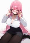  1girl ahoge alternate_costume black_skirt blush breasts cleavage glasses highres hololive hololive_english koahri large_breasts long_hair looking_at_viewer miniskirt mori_calliope office_lady pantyhose pencil_skirt pink_eyes pink_hair skirt solo virtual_youtuber 