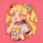  1girl :d blonde_hair blue_bow blue_sailor_collar blush bow center_frills commentary_request cropped_torso frills hair_bow hair_ornament hand_on_own_cheek hand_on_own_face hand_up holding holding_spoon idol_time_pripara katupuraamen long_hair open_mouth pink_background pink_bow pink_eyes pink_shirt pretty_series pripara rice ringlets sailor_collar shirt short_sleeves simple_background smile solo spoon star_(symbol) star_hair_ornament two_side_up upper_body yumekawa_yui 