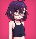  1girl ahoge asymmetrical_bangs bandaid bandaid_on_face bare_shoulders black_shirt blush bob_cut choker closed_mouth collarbone commentary commission covered_nipples crop_top dot_nose english_commentary flat_chest glasses hair_ornament halftone highres jitome koonowen light_frown looking_at_viewer medium_hair mismatched_pupils navel original pink_background purple_eyes purple_hair red-framed_eyewear red_choker semi-rimless_eyewear shirt simple_background solo straight_hair symbol-shaped_pupils two-tone_eyes upper_body x_hair_ornament yellow_eyes 