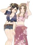  2girls aerith_gainsborough belt belt_buckle bikini black_hair breasts brown_hair buckle cleavage closed_mouth collared_shirt cowboy_shot crop_top final_fantasy final_fantasy_vii final_fantasy_vii_rebirth flower frilled_sleeves frills green_eyes grey_shorts hair_flower hair_ornament highres large_breasts looking_at_viewer medium_breasts midriff multiple_girls navel official_alternate_costume open_mouth parted_bangs pink_shirt pink_skirt ponytail rena_s1226 shirt short_shorts short_sleeves shorts sidelocks skirt smile striped_clothes striped_shirt swept_bangs swimsuit swimsuit_under_clothes tifa_lockhart v wavy_hair white_background white_bikini 