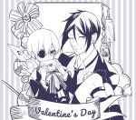  2boys black_hair blue_eyes bow bowtie ciel_phantomhive earrings eyepatch heart highres holding holding_letter jewelry kodona kuroshitsuji letter lolita_fashion looking_at_viewer male_focus monochrome multiple_boys necktie one_eye_closed red_eyes sebastian_michaelis short_hair signature smile striped_background striped_bow striped_bowtie striped_clothes suit toritoki_(1301237579) valentine victorian white_background 