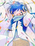  1boy anniversary arm_up belt blue_hair blue_scarf blush closed_eyes coat confetti happy headphones headset highres kaito_(vocaloid) long_sleeves male_focus open_mouth pants scarf short_hair smile vocaloid xhinokox xhinokox78 