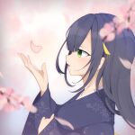  1girl black_hair blush cherry_blossoms green_eyes hair_ornament hand_up highres japanese_clothes kimono long_hair long_sleeves open_mouth original petals profile rageno0000 smile solo wide_sleeves 