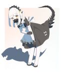  1girl absurdres alternate_costume apron black_dress blue_archive blunt_bangs bone_tail chinese_commentary commentary_request dress e_li_(77864296) ein_(blue_archive) full_body grey_hair hand_on_own_elbow highres leaning_forward looking_at_viewer maid maid_apron maid_headdress mask medium_hair mouth_mask puffy_short_sleeves puffy_sleeves shadow short_sleeves simple_background solo tail two_side_up white_apron yellow_eyes 