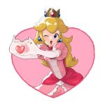  1girl blonde_hair crown dress earrings heart highres jewelry jors lipstick looking_at_viewer makeup mario_(series) one_eye_closed open_mouth outstretched_arms pink_dress pink_lips princess_peach sphere_earrings 