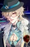  1boy aqua_shirt aventurine_(honkai:_star_rail) black_headwear blonde_hair closed_mouth clothing_cutout collared_shirt cup drinking_glass earrings fur_trim glasses hair_between_eyes hat highres honkai:_star_rail honkai_(series) jewelry looking_at_viewer male_focus pectoral_cleavage pectorals riotsuji shirt short_hair solo wine_glass 