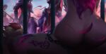  2girls 4boys absurdres ass bent_over big_belly blurry blurry_background bodysuit chain feathers fellatio from_behind grey_hair highres irelia irrumatio league_of_legends long_hair multicolored_hair multiple_boys multiple_girls oral pointy_ears rakan_(league_of_legends) red_hair sex sex_from_behind sitting standing torn_bodysuit torn_clothes two-tone_hair xayah yingprostitute 
