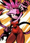  1girl animal_ears arm_up blaze_the_cat cat_ears cat_girl cat_tail fishnets forehead_jewel fur-trimmed_gloves fur_trim furry furry_female gloves highres hoodedmask leotard purple_fur red_leotard sonic_(series) tail topknot white_gloves yellow_eyes 